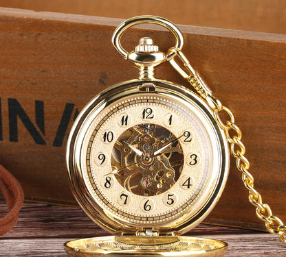 Gold Transparent Mechanical Pocket Watch with Arabic Dial
