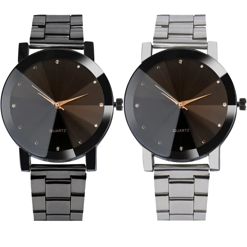 Stylish Couple's Quartz Watches with Steel Band and Diamonds