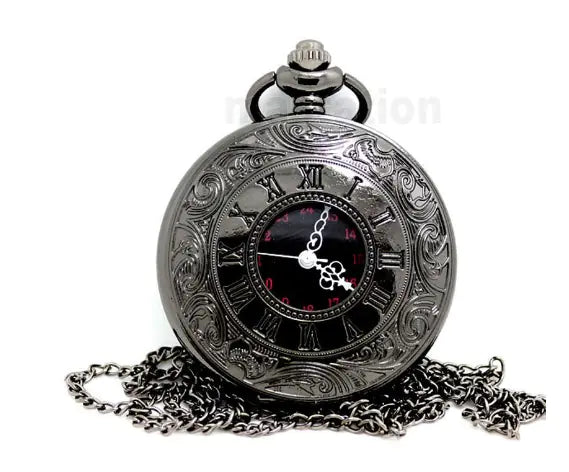 A Touch of Old-World Elegance Black Classic Roman Numeral Pocket Watch Necklace