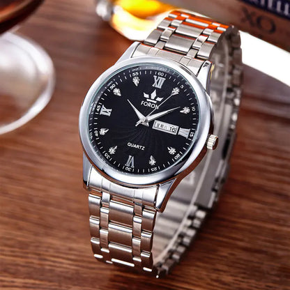 Men's Luminous Steel Band Quartz Watch with Dual Calendar-“best travel watches for men”