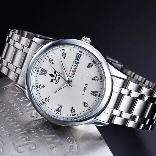 Men's Luminous Steel Band Quartz Watch with Dual Calendar-“best travel watches for men”