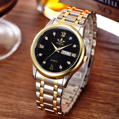 Men's Luminous Steel Band Quartz Watch with Dual Calendar-“best travel watches for men”