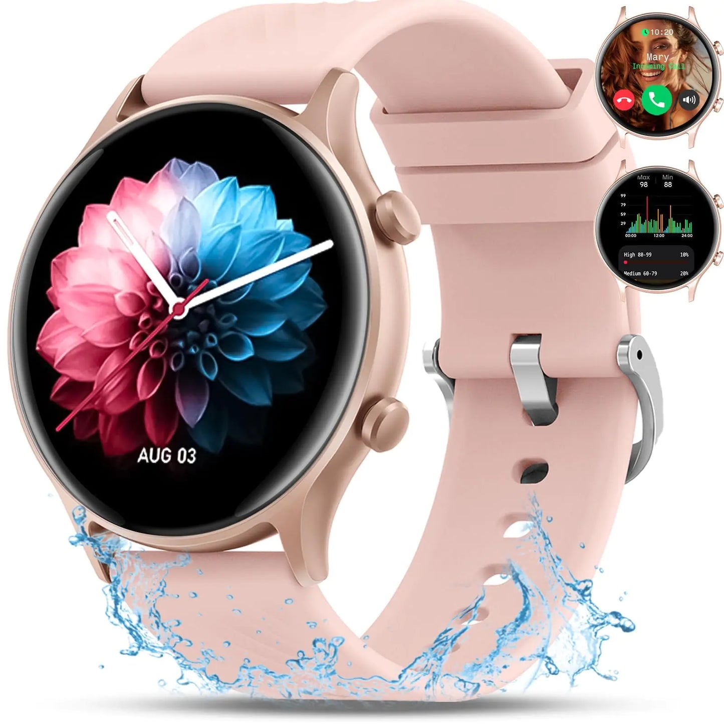 Smart Watch for WomenAnswer/Dial Calls Waterproof Fitness Watch for Women Fitness Tracker Heart Rate Watch Compatible for iPhone Android Reloj Inteligente para Mujer 1.4“ Round Pink