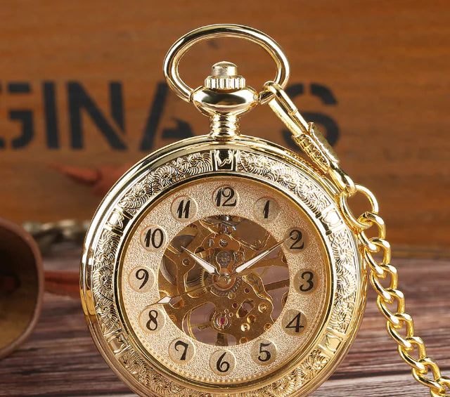 Gold Transparent Mechanical Pocket Watch with Arabic Dial