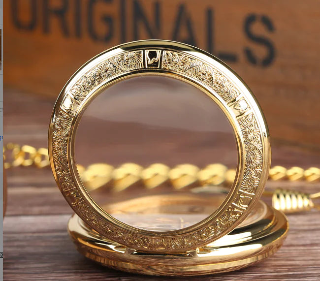 Gold Transparent Mechanical Pocket Watch with Arabic Dial
