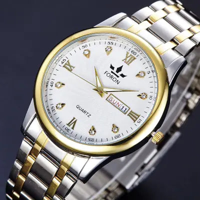 Men's Luminous Steel Band Quartz Watch with Dual Calendar-“best travel watches for men”