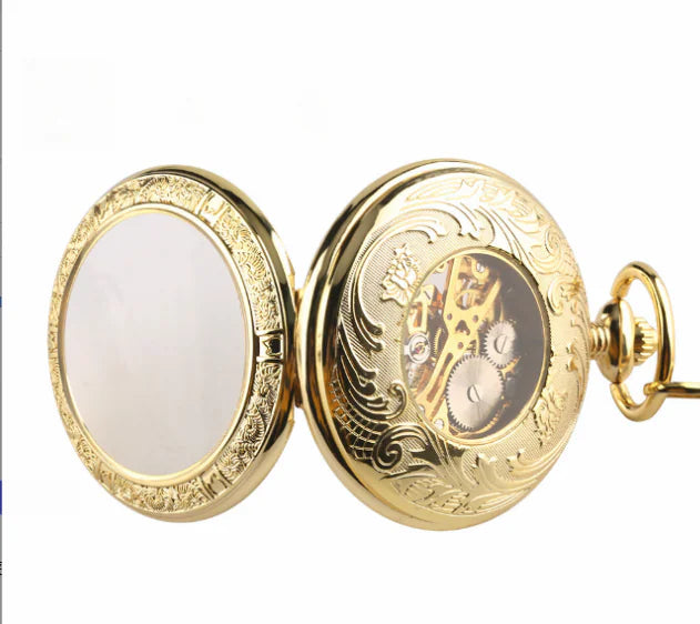 Gold Transparent Mechanical Pocket Watch with Arabic Dial