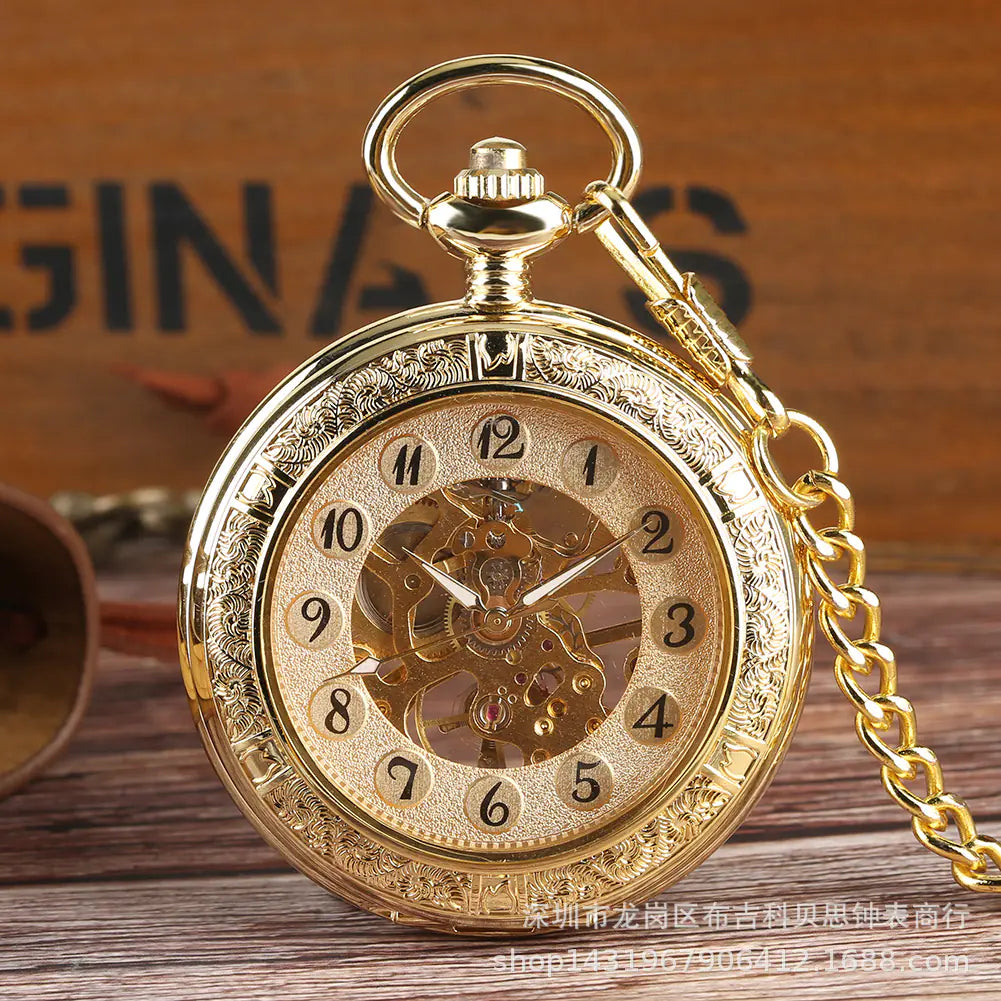 Gold Transparent Mechanical Pocket Watch with Arabic Dial